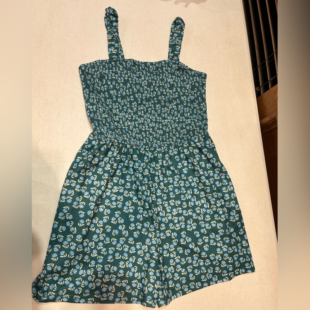 Smocked Floral Tank Romper in Teal